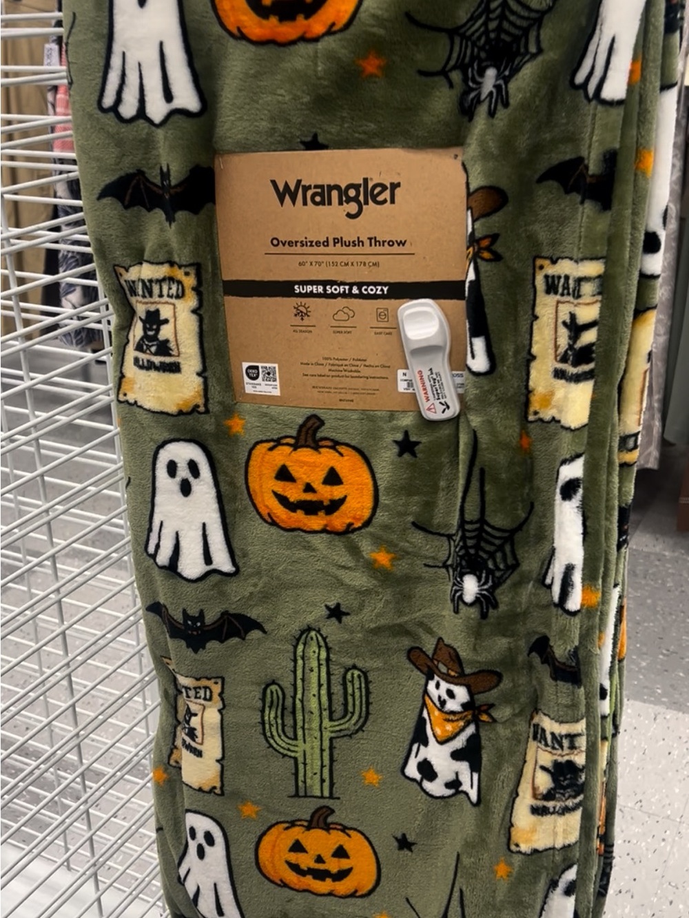 Wrangler Olive Green Halloween Plush Throw with Pumpkin & Ghost Motifs
